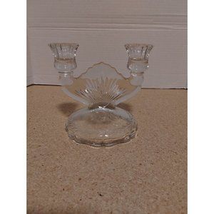 Jeanette Sunburst Clear Pressed Glass Double Candle Holder